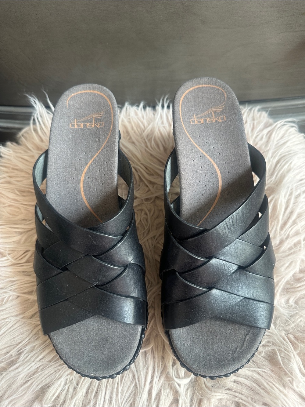 Dansko Black Woven Leather Slide Mules